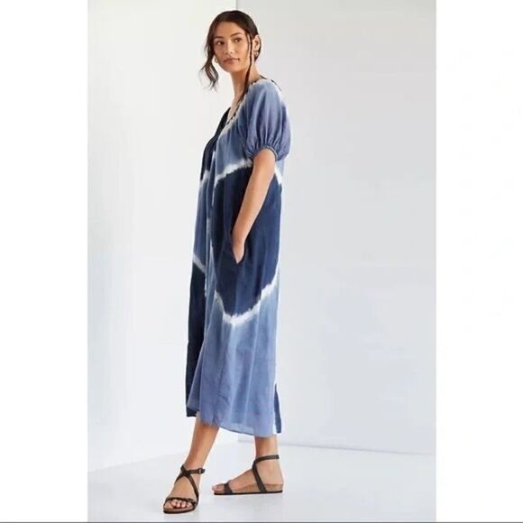 NEW Anthropologie Sundry Blue Embroidered Puff Sleeve Tie-Dye Midi Dress X-Small - Picture 1 of 11